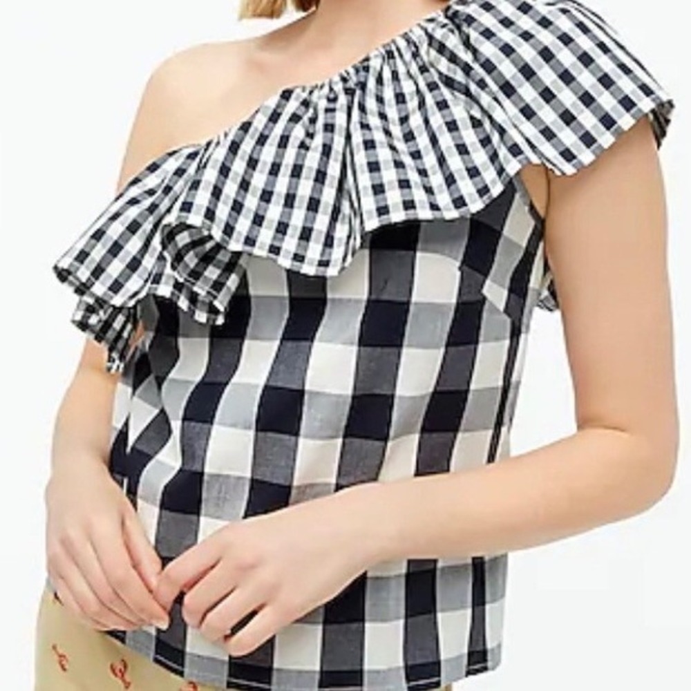 NEW J. Crew Gingham One‎ Shoulder Ruffle Top Black White Cotton Stretch 12 NWT
